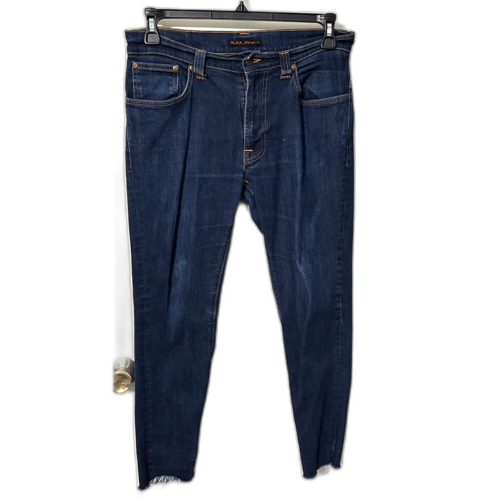Nudie Jeans Co Lean Dean 34x34 Dark Wash Slim Taper Raw Hem Organic Cotton Italy
